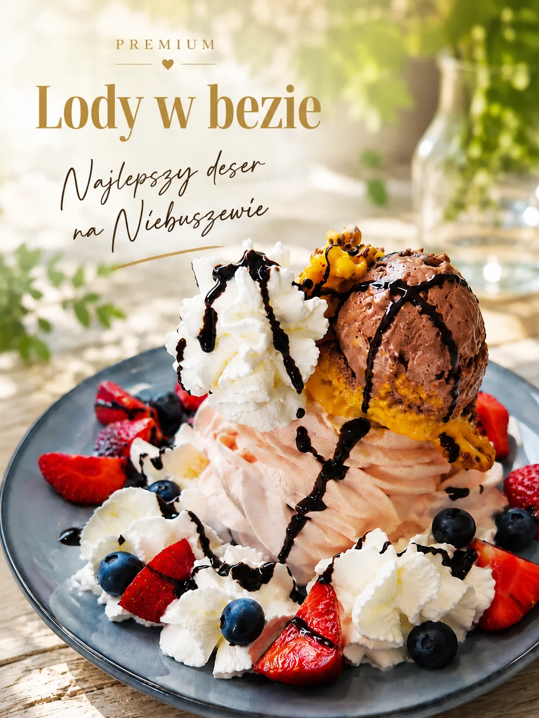 Lody w bezie z bitą śmietaną i owocami